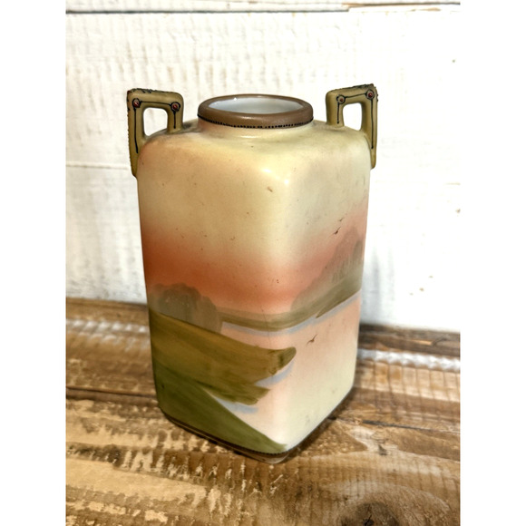 Antique Hand Painted Nippon Noritake M-in-Wreath Vase 6” Landscape Scene Japan - Picture 6 of 10